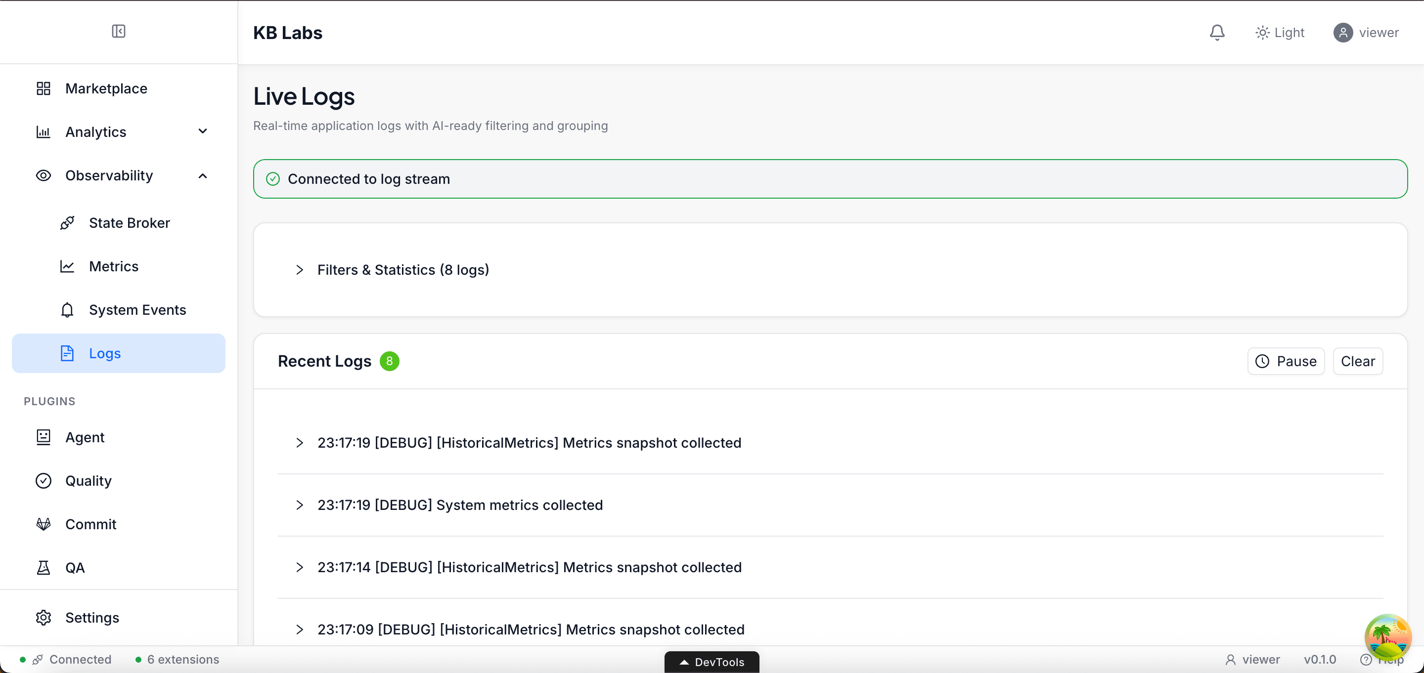 KB Labs Studio — Live Logs